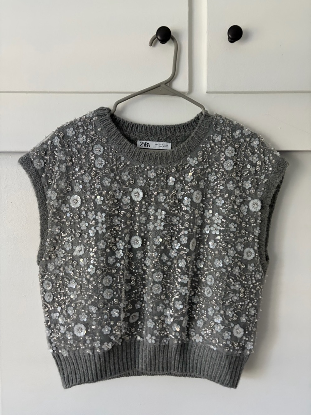 Zara Silver Grey Floral Sequin Knit Vest